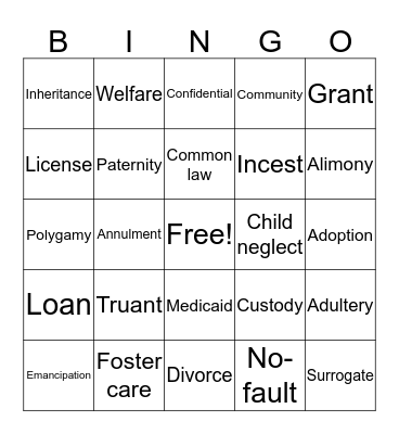 Family Law Bingo Card