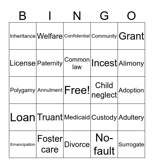 Family Law Bingo Card