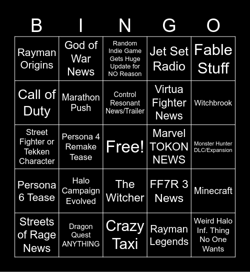 Tuesday Sunday Bingo Card