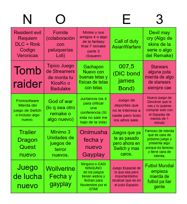 No E3Bingo Card
