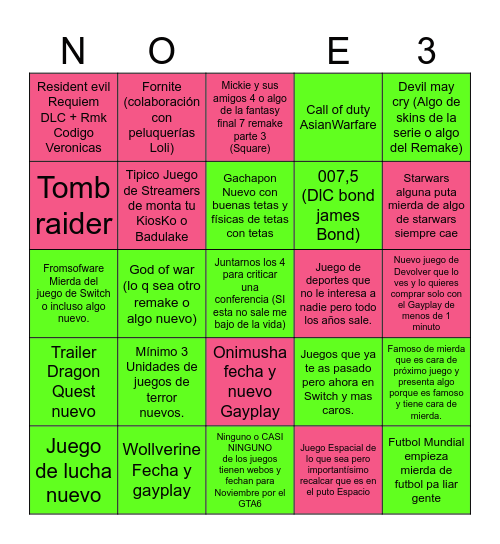 No E3Bingo Card