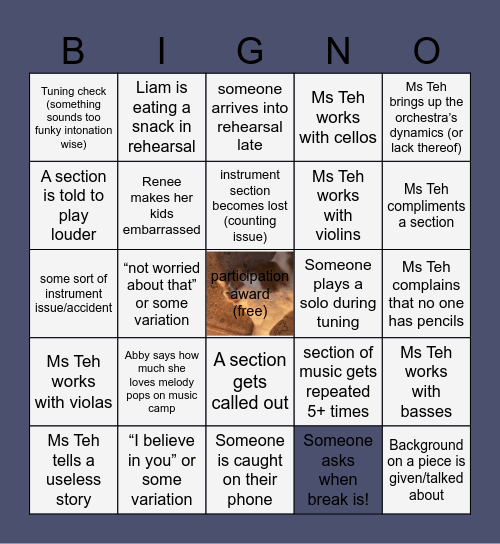 Orchestra Rehearsal Bingo Card