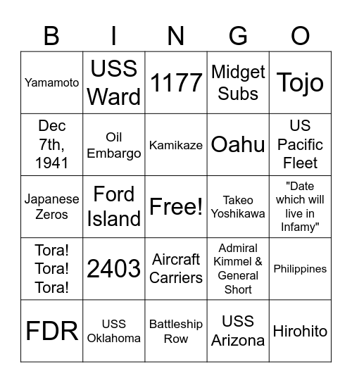 Pearl Harbor Bingo Card