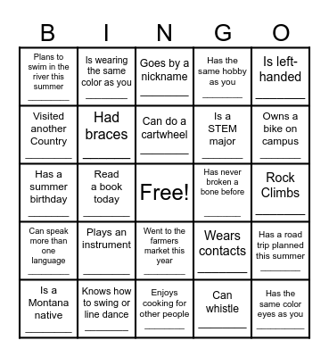 Get to know you Bingo Card