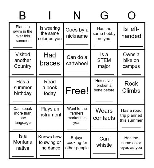 Get to know you Bingo Card