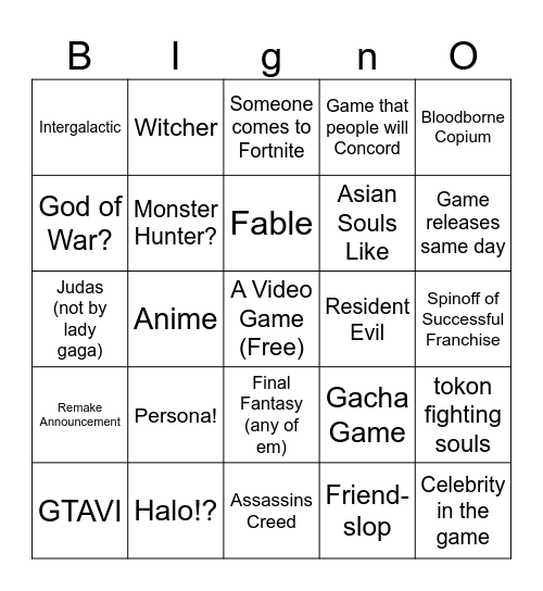 Game Showcase Week bigno Bingo Card
