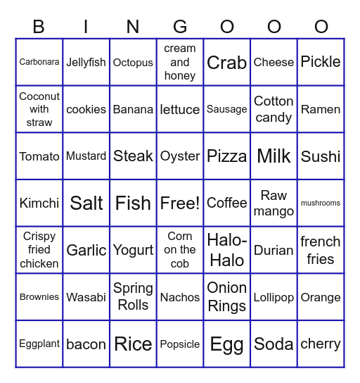 Food Bingo Card