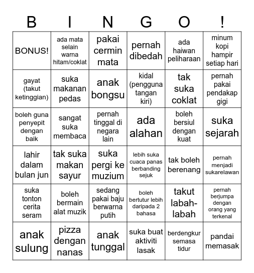 Adakah anda seorang yang... Bingo Card