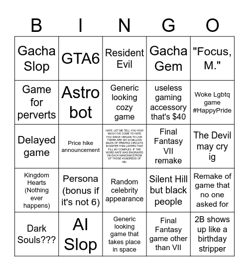 PlayStation State of play bingo Card