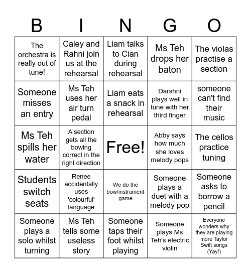 String Orchestra Music Camp Bingo 2026 Bingo Card