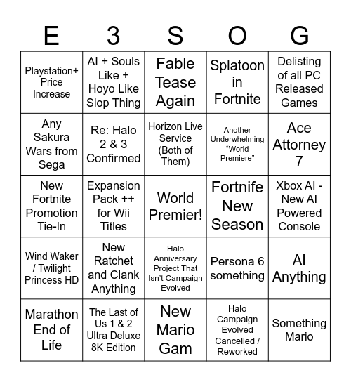 E3 Memorial Summer of Gaming Bingo Card 2026 Bingo Card