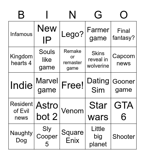 PlayStation State of Play Bingo Card