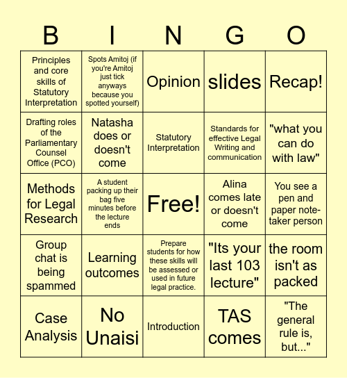 Legal 103 Week 14 - Concluding Lecture Bingo Card