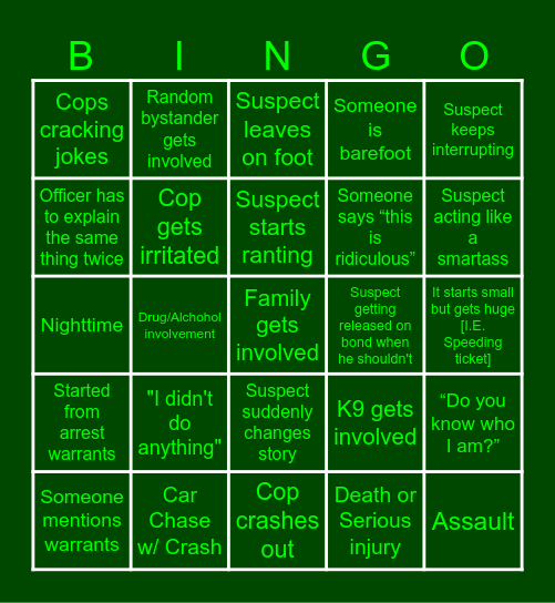 Body Cam Footage Bingo Card