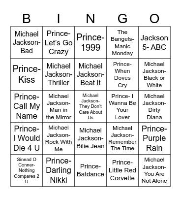 Radio Bingo Michael Jackson vs. Prince Bingo Card