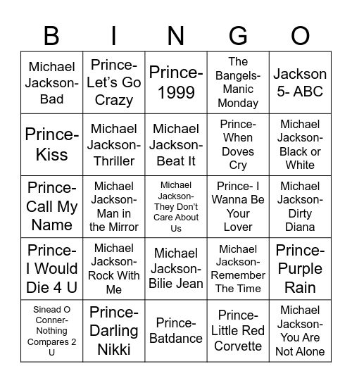Radio Bingo Michael Jackson vs. Prince Bingo Card