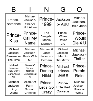 Radio Bingo Michael Jackson vs. Prince Bingo Card