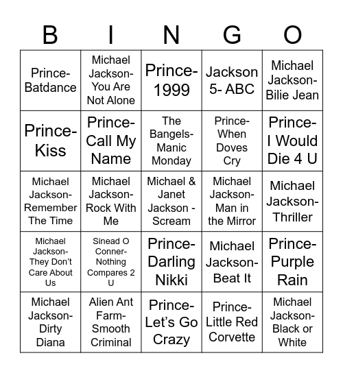 Radio Bingo Michael Jackson vs. Prince Bingo Card