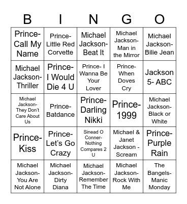 Radio Bingo Michael Jackson vs. Prince Bingo Card