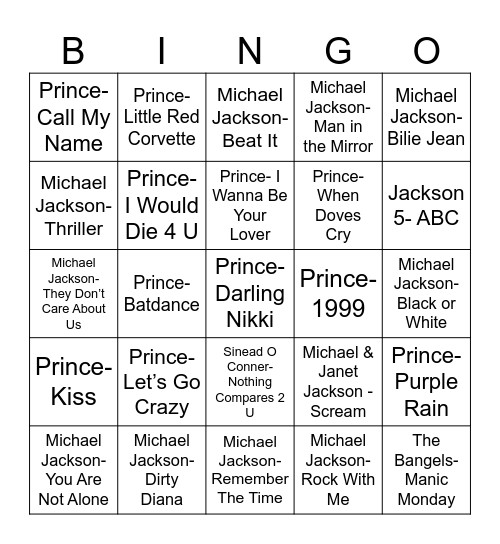 Radio Bingo Michael Jackson vs. Prince Bingo Card