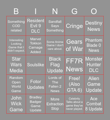 Summer Game Fest Bingo X Corp. Edition. Bingo Card