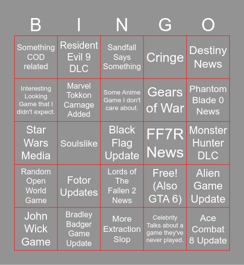Summer Game Fest Bingo X Corp. Edition. Bingo Card