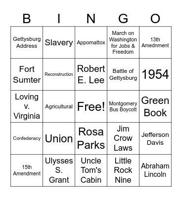 Civil War & Civil Rights Review Bingo Card