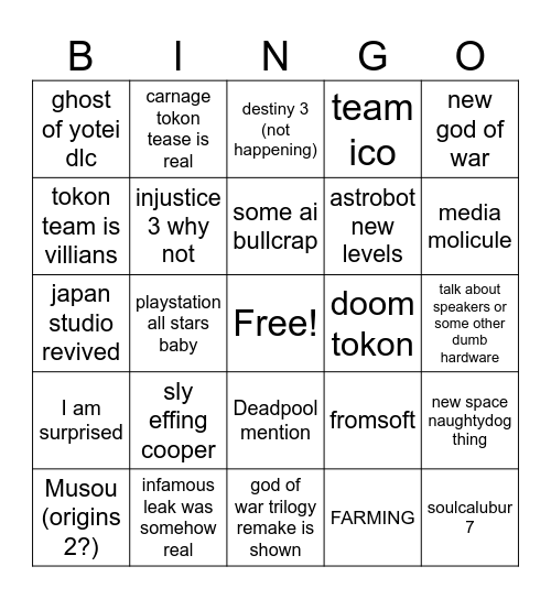 playstation Bingo Card