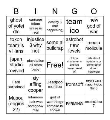 playstation Bingo Card