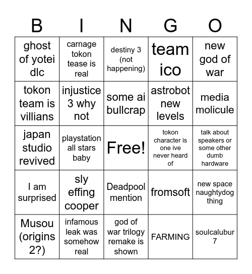 playstation Bingo Card