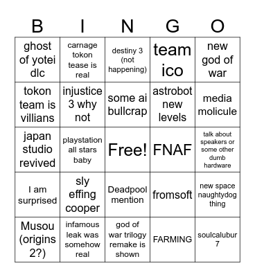 playstation Bingo Card