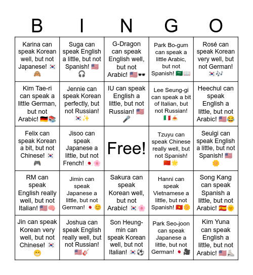 B7 L6  Jungkook can speak English, but not Spanish! 🇺🇸🎤 Bingo Card