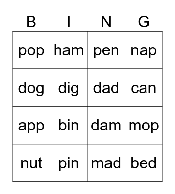 P, D, M, N Bingo Card