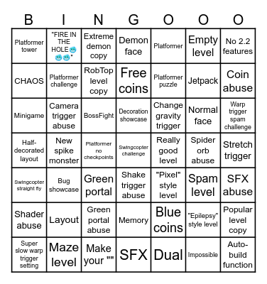 Geometry Dash 2.2 Recent Tab Bingo by Fr1man Bingo Card