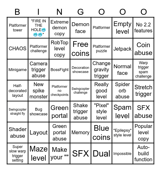 Geometry Dash 2.2 Recent Tab Bingo by Fr1man Bingo Card
