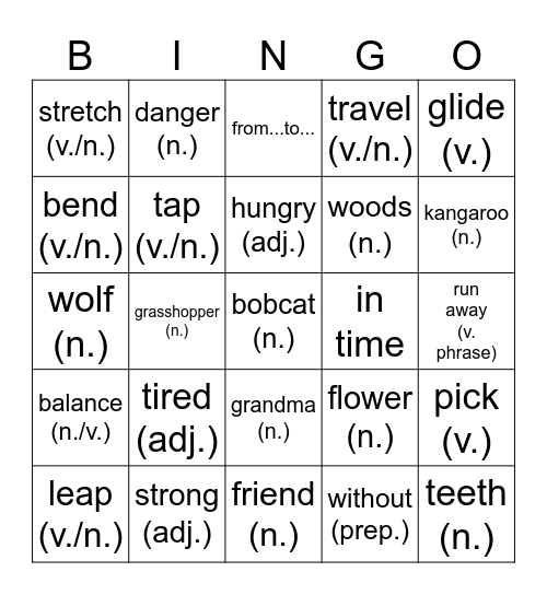 Hop Spring Leap & Riding Hood Word Review Bingo Card
