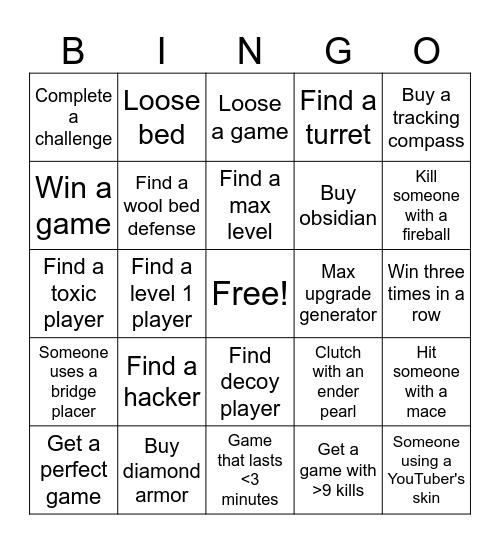 Bedwars Bingo Card