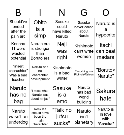 Bad Naruto Takes Bingo Card