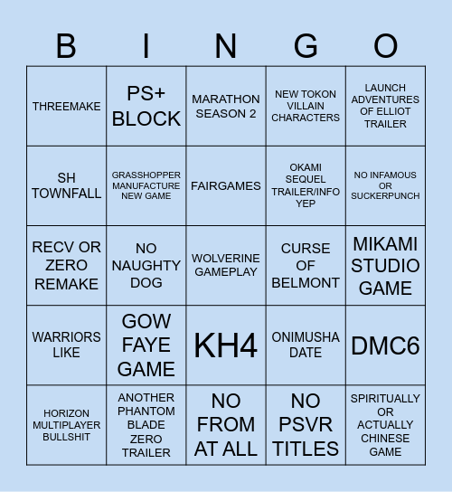 Playstation State of Play 6/2/26 Bingo Card
