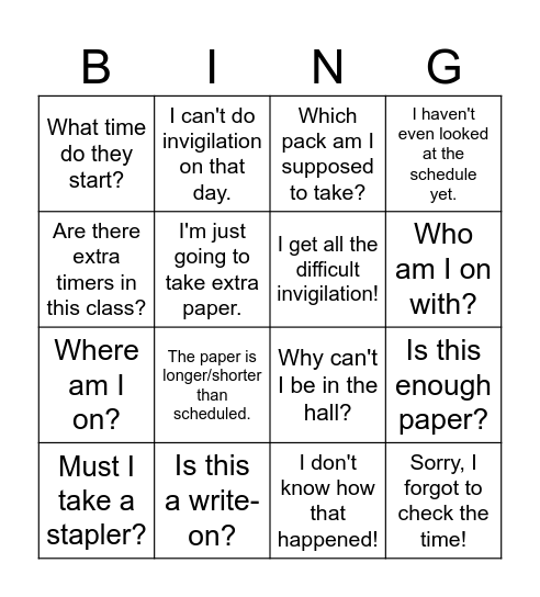 Exam Bingo Card
