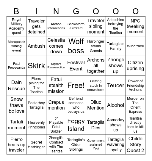 Snezhnaya Predictions Bingo Card