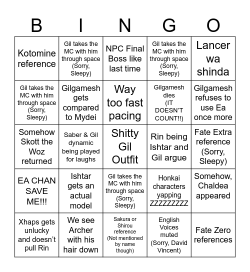 Honkai x Fate Predictions Bingo Card