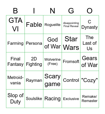 Week of Mega Slop Bingo Card