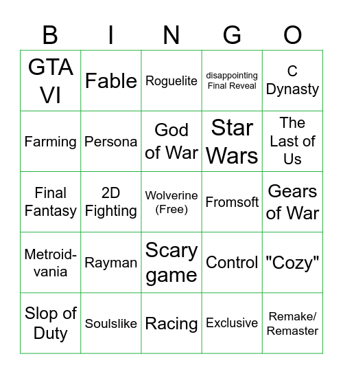 Week of Mega Slop Bingo Card