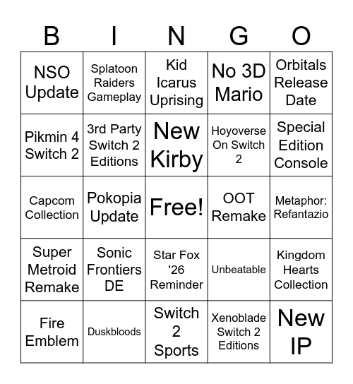 Nintendo Summer Direct '26 Bingo Card