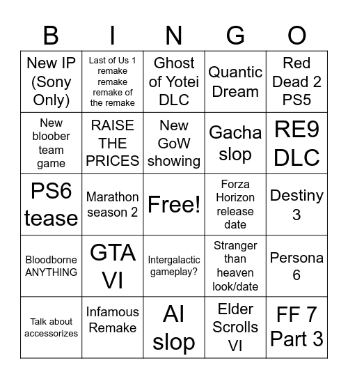 State of Play Bingo Card