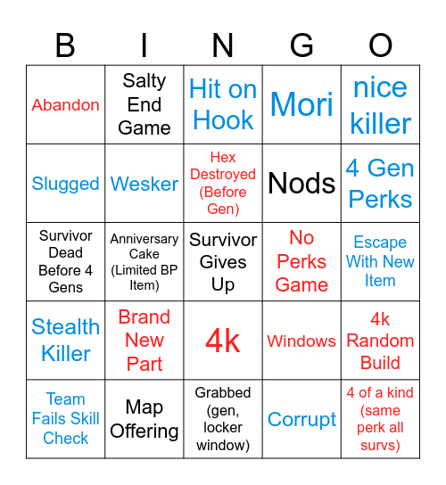 Dead by Daylight (1) Bingo Card