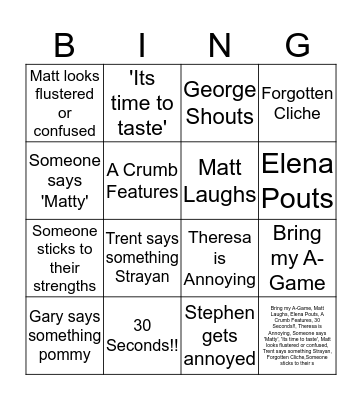 MasteChef Australia Finale Bingo Card