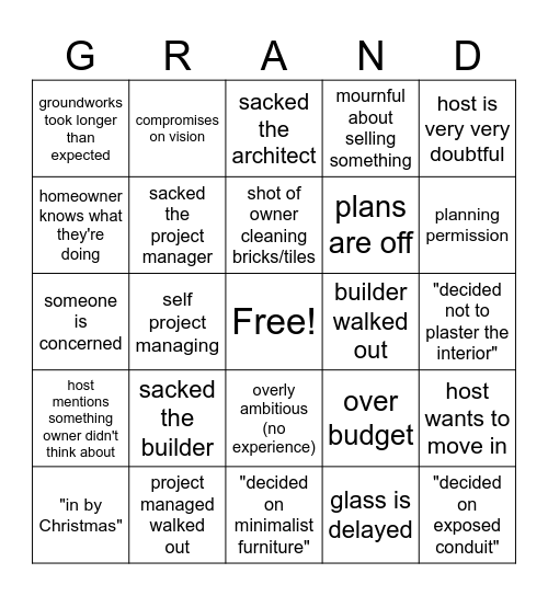 Grand Designs Bingo Card