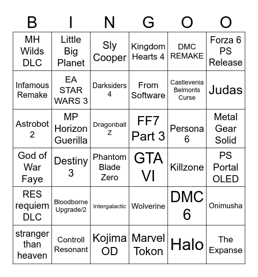 Playstation Showcase Bingo Card